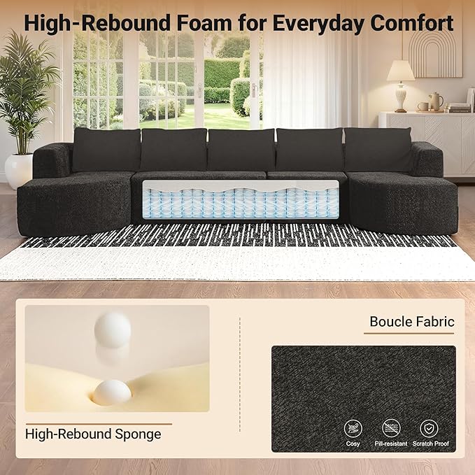 144 Modular Sectional Sofa No Assembly Required U-Shaped Cloud Couch with Chaise Modern Curved Boneless Sofa in Luxurious Boucle Fabric Deep Seats Memory Foam (Dark Grey) | Zero-Assembly Design