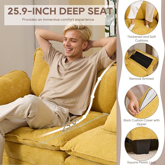 IPKIG 117 Sectional Sofa Cloud Couch Modern Chenille U-Shaped Couch Comfy Upholstered 3-Seat Sofa with 2 Ottoman 3 Lumbar Pillow Deep Seat Modular Sofa for Living Room Apartment Studio Yellow |