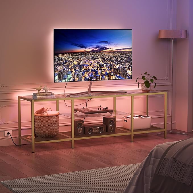 HOOBRO TV Stand with LED Lights and Power Outlets for TVs up to 75 Modern 63 Inch Tempered Glass TV Console Table with Open Shelves Media Entertainment Center for Living Room Gold GD165UDS01