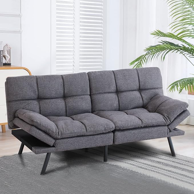 Vyfipt Futon Bed/CouchGrey Polyester Memory Foam Small Splitback Easy-Convert Backrests&ampArmrestsStain-Resistant Fabric Sofas 71x33x31.5
