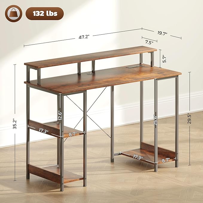 HOMCOM 47 Gaming Desk with Power Outlets and LED Lights Reversible Computer Desk with Monitor Stand and 2-Tier Storage Shelves Cable Management for Home Office Rustic Brown