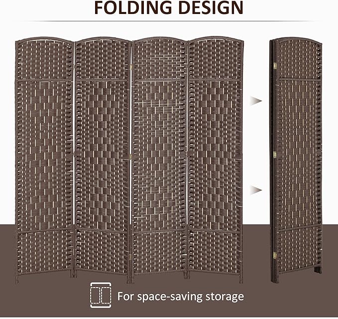 HOMCOM Room Divider 6 Ft 4 Panel Folding Privacy Screen Hand-Woven PP Wall Partition with Pine Wood Frame Freestanding Room Separator for Bedroom Home Office No Assembly Brown