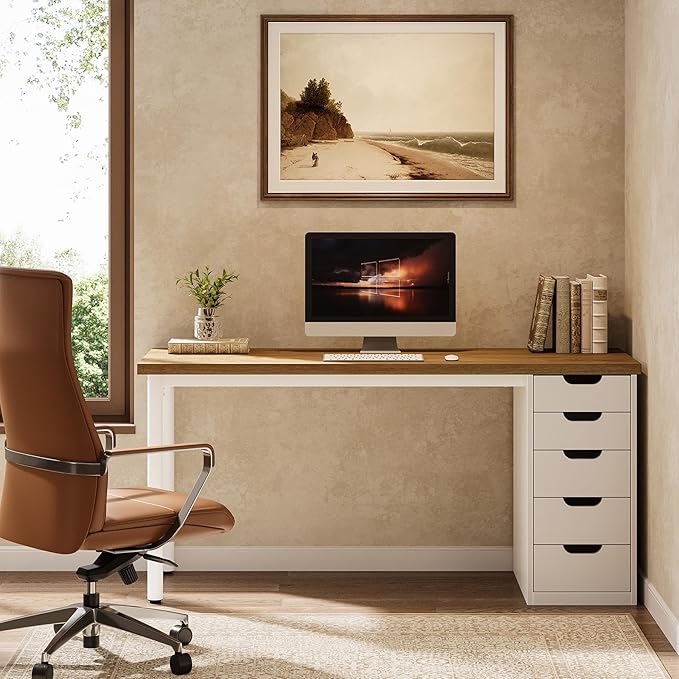 Tribesigns Modern Simple Computer Desk 47 Inches PC Desk with 5 Reversible Drawers Rustic Brown Study Writing Table Workstation for Home Office Small Spaces (Walnut+White)