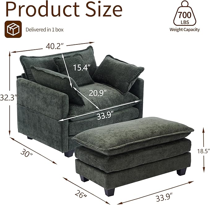SweetGO corporation 40 Chenille Lounge Chair for Reading Modern Couch Cozy Sofa Bed Upholstered Living Room Single Sofa Accent Chair with Ottoman Green