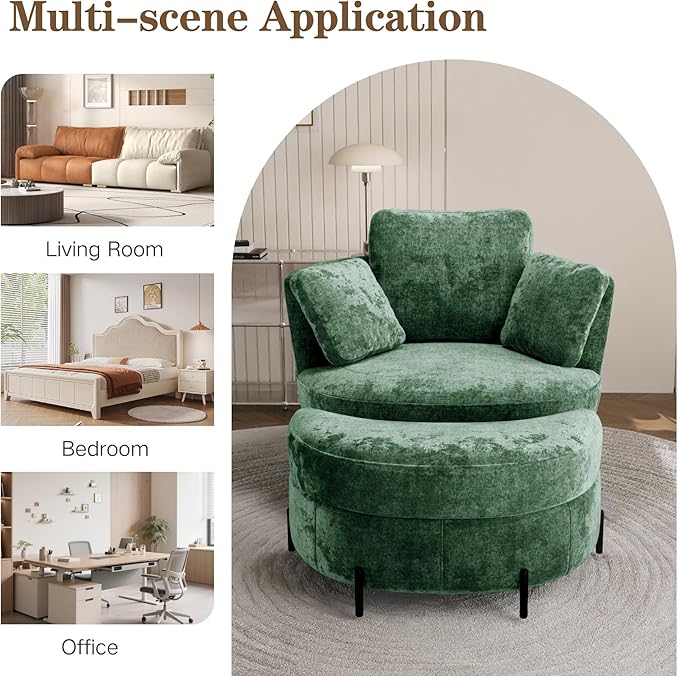 Chifee &amp Vingol Swivel Accent Chair with Ottoman 40.35 Round Swivel Chair Storage Ottoman &amp Pillows 360° Barrel Chair for Living Room Bedroom OfficeChenilleGreen