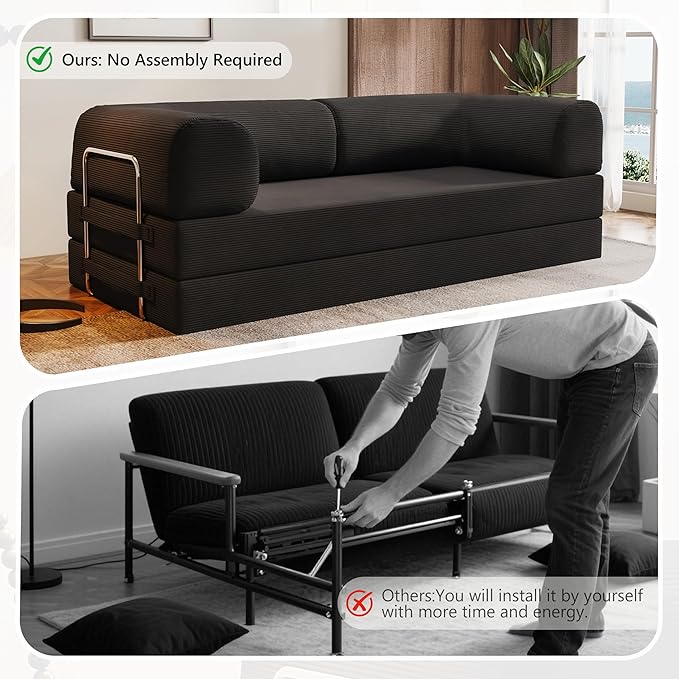 78.8 Folding Convertible Sofa Bed 4-in-1 Floor Sofa Modular Futon CouchPull Out Couch Memory Foam King Size Sofa BedNo Assembly Needed Boneless Couch for Living Room (Black)