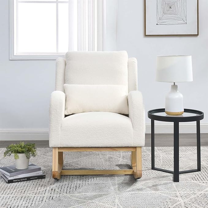 Antetek Rocking Glider Chair for Nursery Wingback Accent Rocker Chair Upholstered Tall Back Arm Chair w/Side Pockets Modern Leisure Single Sofa for Living Room Hotel Bedroom Baby Room Cream