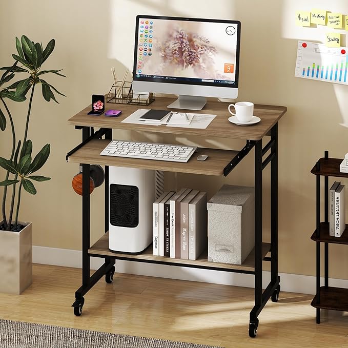 Tangkula Rolling Computer Desk Cart with Keyboard Tray Mobile Portable Laptop PC Desk with CPU Stand &amp 3 Hooks for Sofa &amp Bed Compact Small Desk on Wheels for Small Spaces (Grey)