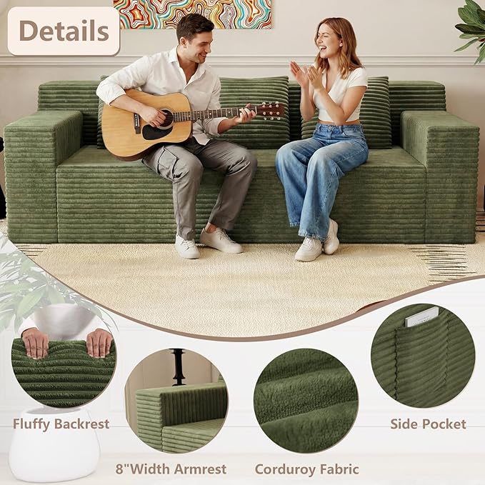 71 Small Couches for Small Spaces Memory Foam Cloud loveseat Corduroy Couch in a Box Compressed Boneless Sofa for Living Room Bedroom Apartment Furniture No Assembly Required Green