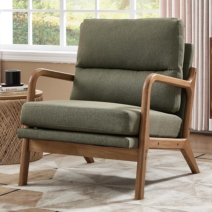Bonzy Home Mid Century Modern Accent Chairs Set of 2 Solid Wood Frame Upholstered Lounge Armchairs with Supportive Cushions Living Room Conversation Chairs Green