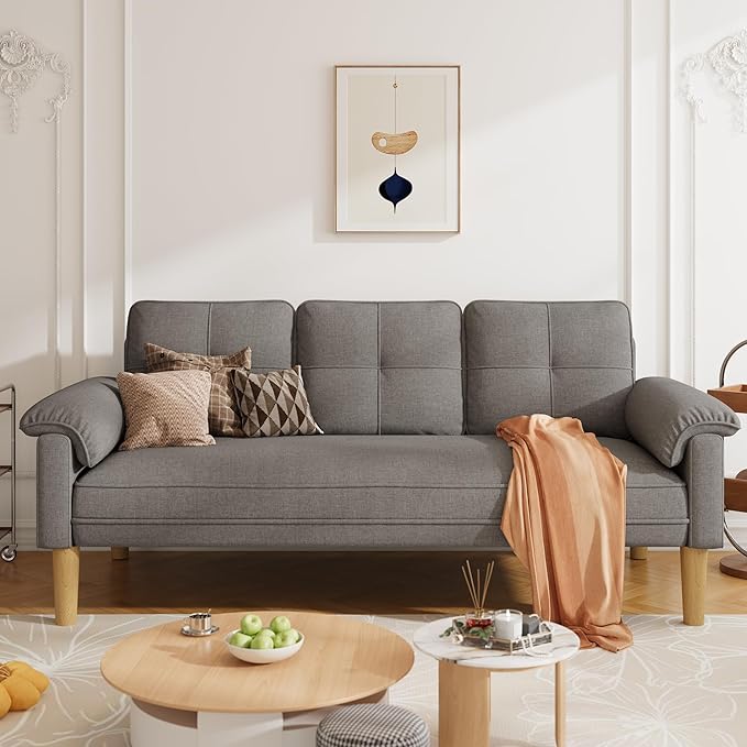 Ahomly 3-Seater Sofa Couch with Padded Armrests Deep Seat Comfortable Backrest and Solid Wood Legs – Easy to Assemble (Gray)