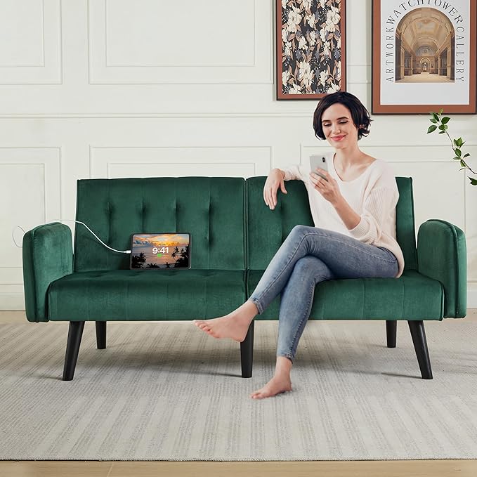 TYBOATLE 65 W Velvet Modern Convertible Folding Futon Couch Sofa Bed w/ 2 USB Charging Ports and arms Loveseat for Living Room Office Apartment Bedroom (Green)