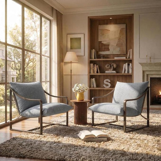 IDEALHOUSE Modern Sling Accent Chair Set of 2 Comfy Fabric Living Room Chairs with Heavy Duty Metal Frame Lounge Reading Armchair for Living Room Bedroom Easy Assembly Grey