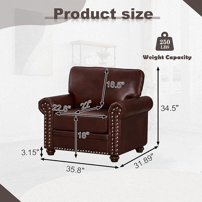 Faux Leather Accent Chair35 W Upholstered Mid Century Modern Armchair with Rivet Rolled ArmDeep Seat Comfy Single Sofa Chair for Living RoomBedroomApartmentOffice(Burgundy)