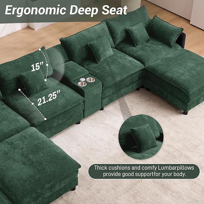 145 Oversized Modular Sectional Sofa U Shaped Cloud Couch 6 Seat Sofa Set for Living Room Comfy Fluffy Chenille Deep Seat with Storage Central Console Movable Ottomans Cup Holders USB Ports Green