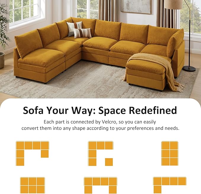 VANOMi 98 Cloud Modular Sectional Sofa Couches for Living Room Oversized Modern Sleeper Sofa with Deep Seat Double-Layer Thick Cushion Movable Ottoman Convertible Upholstered Sofa Set Curry