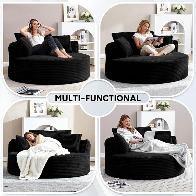 Oversized Round Chair Lounge Chaise Indoor 53.5 Corduroy Boneless Round Chair Fluffy Single Deep Seat Cloud Sofa Chairs Modern Circle Chaise Lounge for Bedroom Living Room Black