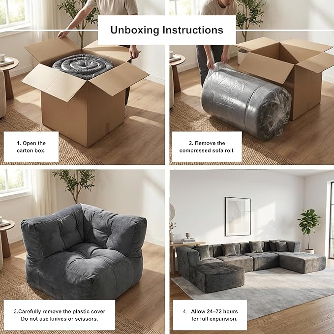 · REDEARTH · 4-Seater Modular Velvet Sectional Sofa No-Assembly L-Shaped Compressed Couch in a Box with Ottoman Boneless Modular System in Plush Velvet for Living Room (3-Seater + Ottoman)Dark Gray