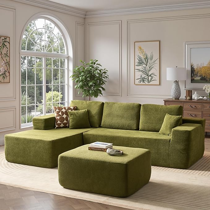 106 Cloud Sectional Couch with Comfy Chaise and OttomanCloud Velvet Boneless Couches for Living RoomL Shape Sofa in A Box No Assembly RequireGreen