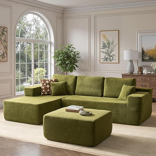 106 Cloud Sectional Couch with Comfy Chaise and OttomanCloud Velvet Boneless Couches for Living RoomL Shape Sofa in A Box No Assembly RequireGreen