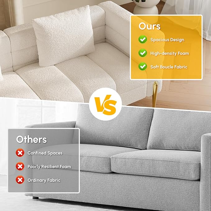 homary Sofa 79 Boucle Upholstered Sofa Modern White Couches for Living Room 3 Seater Sofa Couch with Pillows (Boucle White &amp Gold)