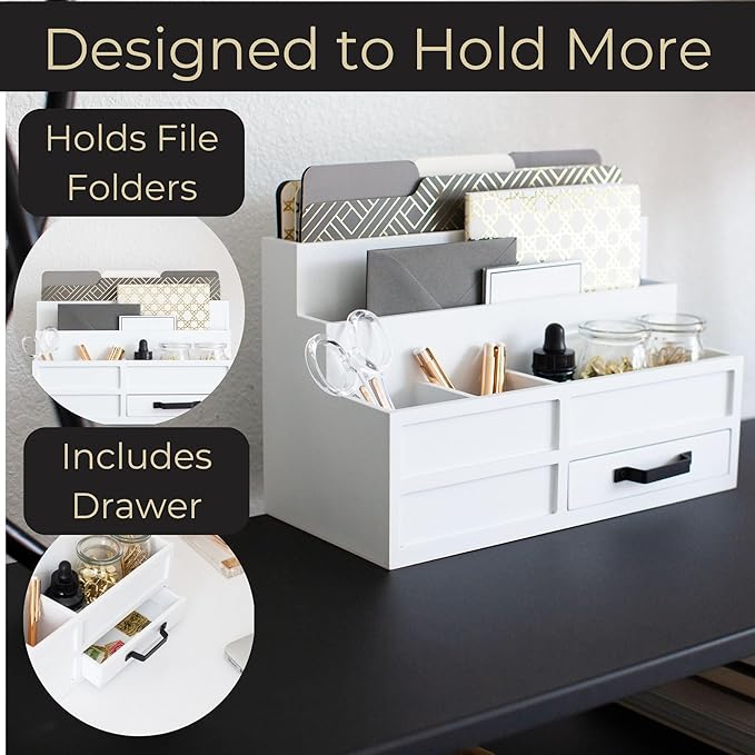 BLU MONACO | White Desktop Organizer with Drawer Storage | Tabletop Organizer with Drawers for Paper Bills Mail | Wooden Mail Organizer for Countertop Workspace | with Drawer Bill