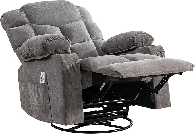 Oversized Massage Swivel Recliner Chair with Lumbar Heating 360° Swivel &amp Rocker 8-Point Vibration Massage USB Port &amp Cup Holders for Living Room Office Adult(Gray)