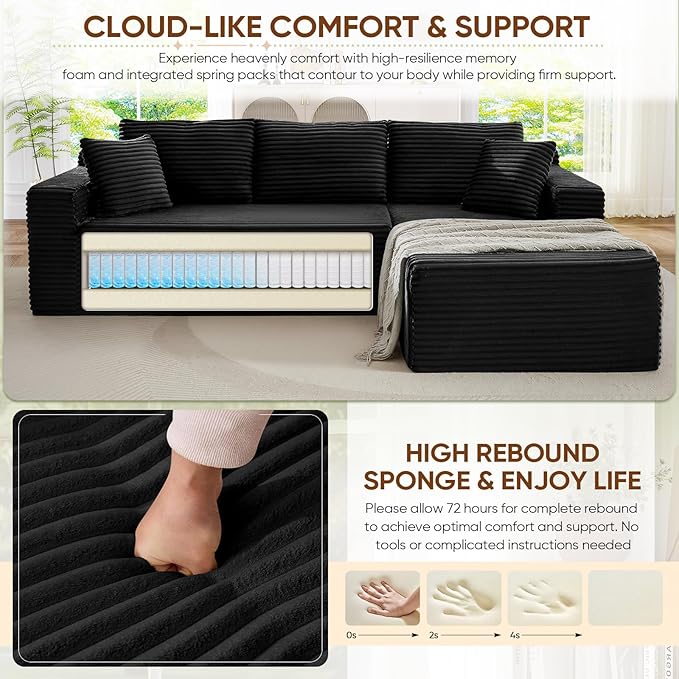 103 Modern L-Shaped Modular Sectional Sofa Comfy Corduroy Deep Seat Oversized Black Cloud Couch Deep Seat Compressed Foam Boneless Couches for Living Room No Assembly (Black Right Facing Chaise)