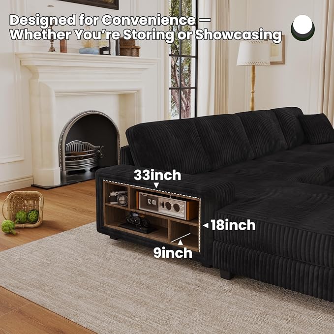 137” Oversized Corduroy Sectional Sleeper Sofa with Double Storage Chaise U Shaped 4 Seat Sectional CouchBlack