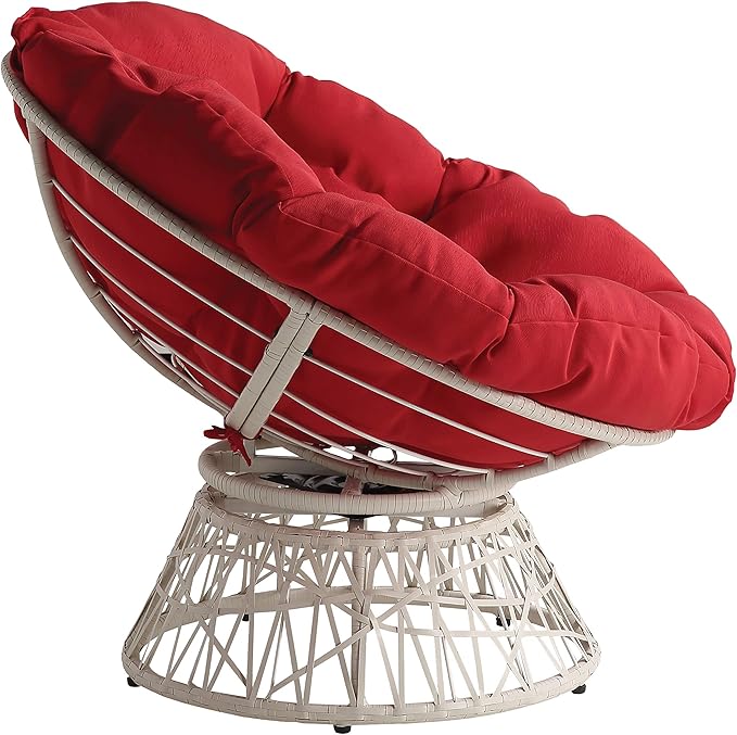 OSP Home Furnishings Wicker Papasan Chair with 360-Degree Swivel Cream Frame with Red Cushion