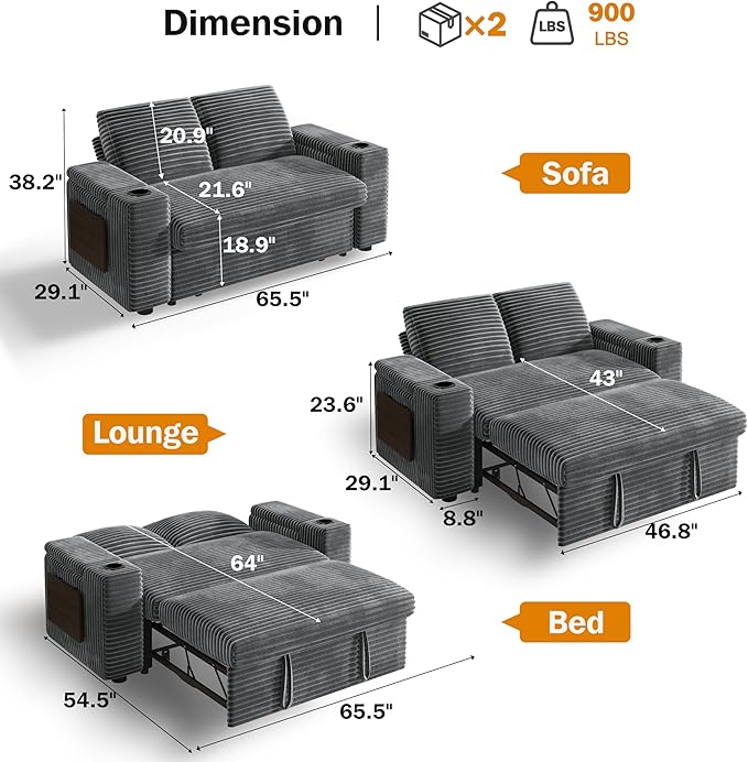 Vipbear 65 Loveseat Sleeper Sofa with Pull Out Bed Plush Corduroy 3-in-1 Convertible Sofa Bed with Reclining Backrest|USB Ports|Cup Holders|Side Table|Storage Armrests Tool Free Assembly Grey