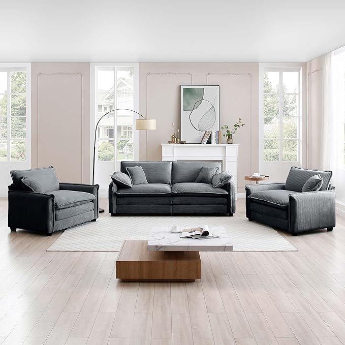 Aoowow 3 Pieces Modular Sectional Sofa Set with Loveseat Couch and 2 Sofa ChairModern Corduroy Comfy Cloud Deep Seat Couches Set with Throw Pillows and Arm Pillows for Living Room Apartment(Grey)