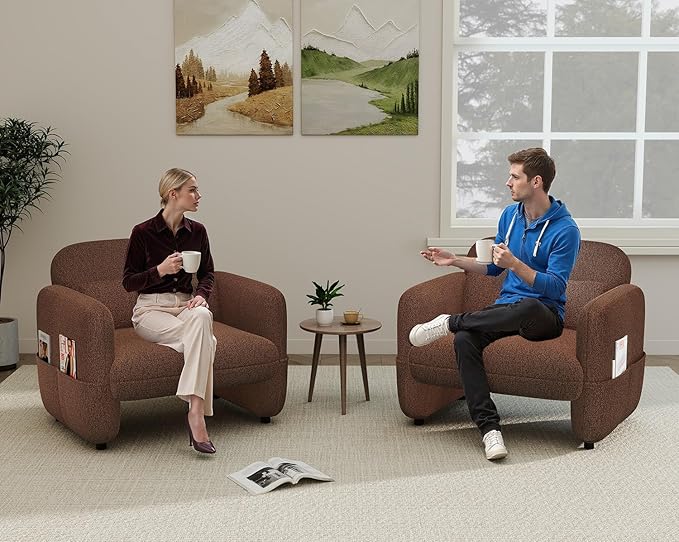 33.46 Accent Chairs Set of 2 Comfy Living Room Reading Chairs Oversized Sherpa Lamb Lounge arm Chair with Waist Pillow for Bedroom and Living Room (Dark Brown)
