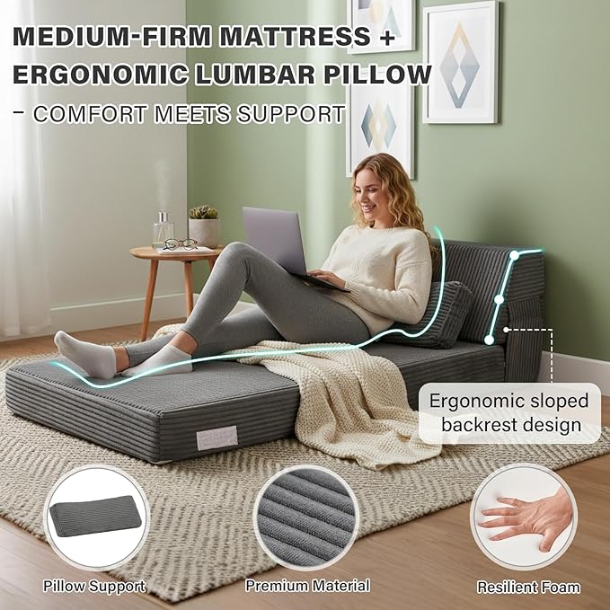 Tiita Folding Sofa Bed with Pillow Memory Foam Fold Out Chair Bed Single Size Convertible Chair Floor Couch &amp Sleeping Mattress Foldable Sleeper Sofa Bed for Guest Room Living Room Grey
