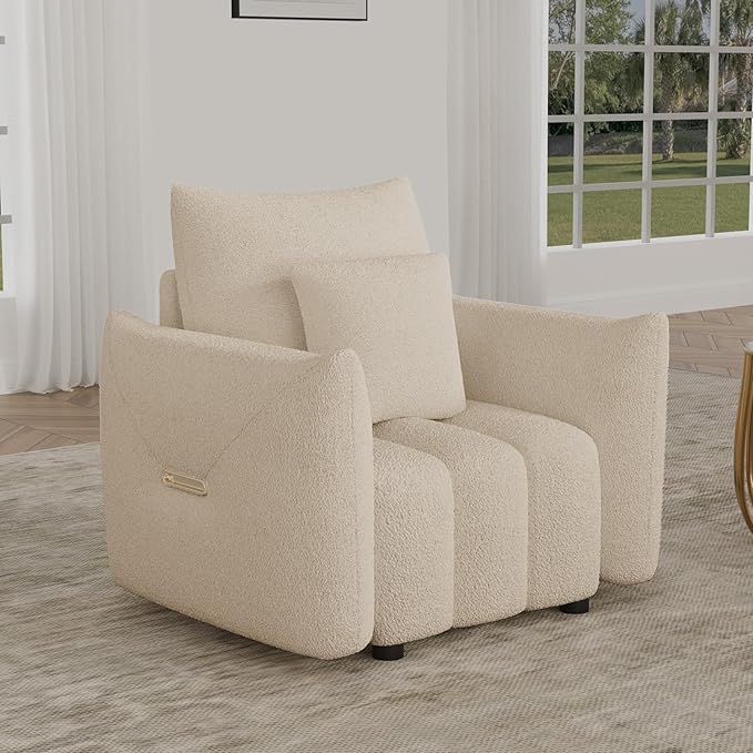 OUYESSIR 38 Modern Accent Single Sofa Chair Comfy Deep Seat Teddy Living Room Chair Leisure Boucle Reading Sofa Arm Chair for Bedroom Office Apartment Light Brown