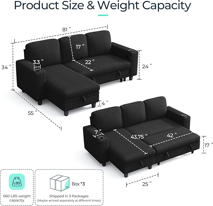 LINSY HOME Sectional Sleeper Sofa with Pull Out Couch Bed - Convertible Plush Corduroy Cloud Couch with Storage Chaise &amp USB Charging Comfy L Shaped Modular Couches for Living Room Apartment Bla