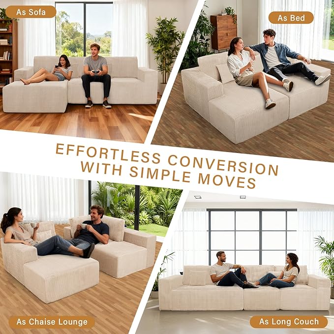 111 Boneless Couches for Living Room 3-Piece Cloud Couch Modular Sectional Deep Seat Compressed Couches for Living Room Bedroom Plush Corduroy Fabric No Assembly Required Khaki