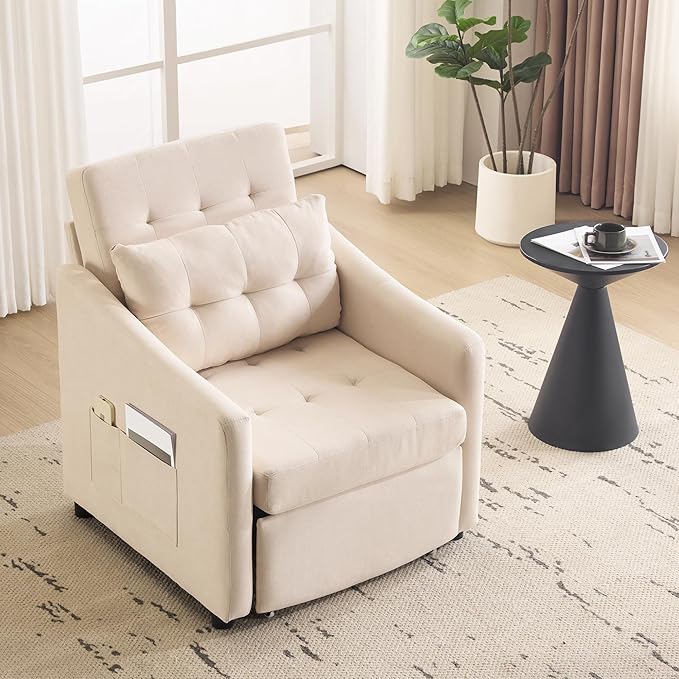 Bezseller Convertible Sofa Bed Chair 3-in-1 Sleeper Chair with Storage Drawer Pull Out Couch with Side Pocket Pillow and Adjustable Backrest for Small Spaces Living Room Beige