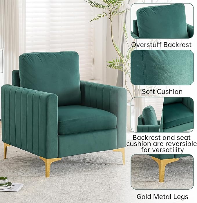 Modern Velvet Accent Chair for Living Room &amp Bedroom Comfy Reading Armchair with Gold Metal Legs (1 Green)