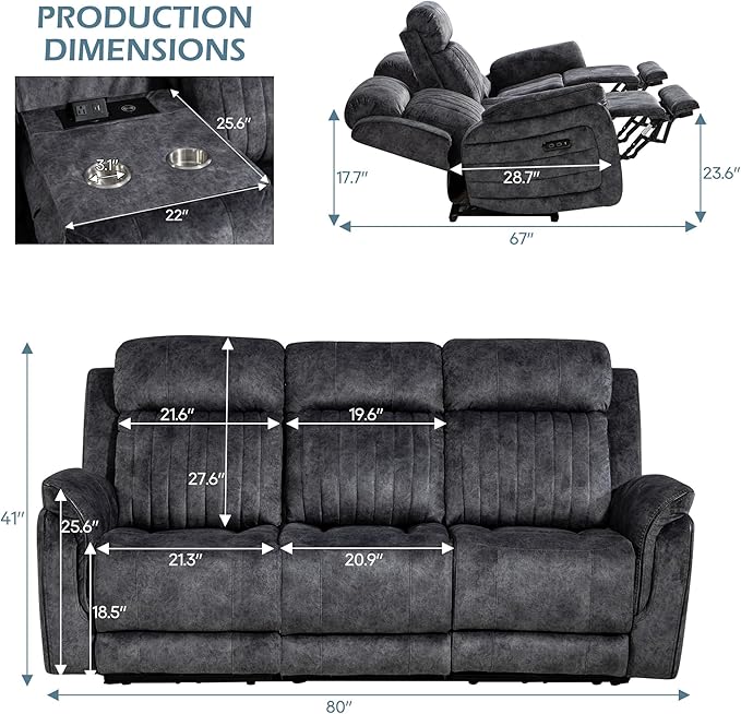 Zero Gravity Power Reclining Sofa with Adjustable Headrest Electric Reclining Couch with Wireless Charge USB Ports Power Loveseat Recliner Sofa for Living Room (Grey-Sofa)