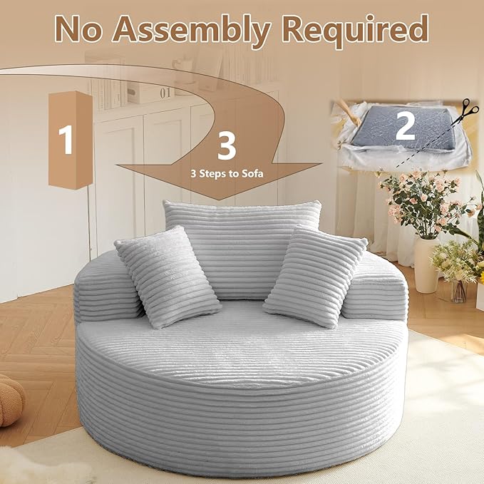 Oversized Round Chair Lounge Chaise Indoor Upholstered Corduroy Deep Seat Cloud Large Circle Sofa Chair No Assembly Required Fluffy Modern Sleeper Sofa Bed for Reading Living Room Light gray