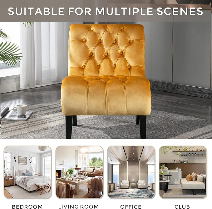 Modern Armless Living Room Chair/Leisure ChairUpholstered Fabric Button Comfortable Chair with Wooden Legs for Bedroom Living Room Office (Mustard)