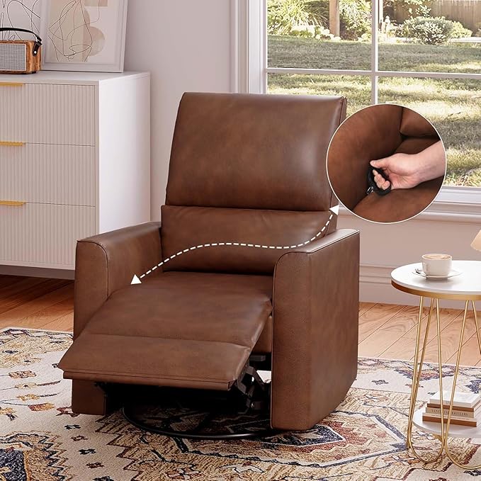 Swivel Rocking Recliner Chair Upholstered Faux Leather Glider Recliner with Lumbar Support High Backrest &amp Padded Armest Manual Nursery Recliner for Living Room (Manual Brown)