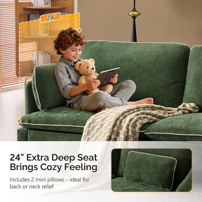 VINGLI 84 Extra Deep Seat Sofa Couch 3 Seater Upholstered Living Room Couches with 2 Piped Seater Cushions Throw Pillows Modern Linen Velvet Fabric Sofa for Apartment Bedroom Office | Piped Cushio