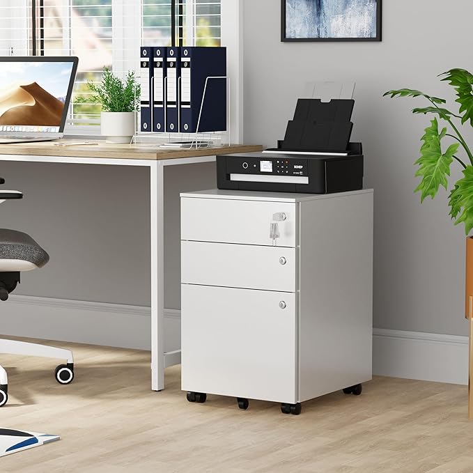 Mobile File Cabinet with 3 Locks 3 Drawer File Cabinets for Home Office Under Desk Metal Filing Cabinet for A4/Letter/Legal Lockable Fully Assembled Except castors White