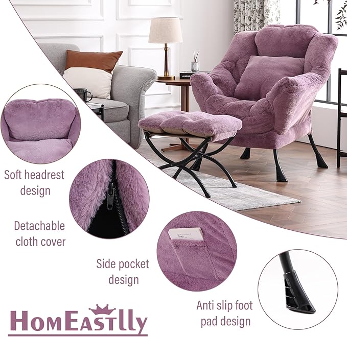 Lazy Chair with Ottoman Reading Chair with a Pillow Leisure Sofa Armchair with Ottoman Large Accent Chair for Bedroom Living Room Dorm Room Plush Purple
