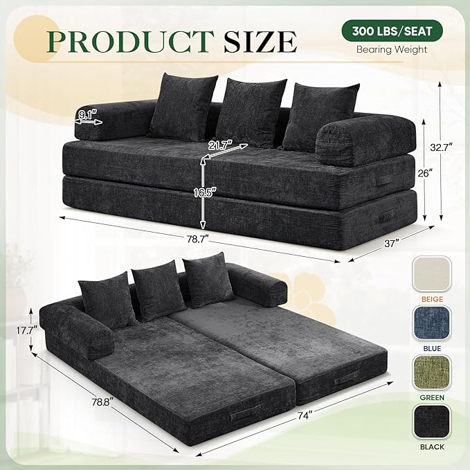 3 in 1 Convertible Futon Sofa Bed Modern King Size Chenille Loveseat Sleeper Sofa Folding 3-Seater Foldable Lounger Couch Bed for Living Room Bedroom Guest Room (Black 3 Throw Pillows)