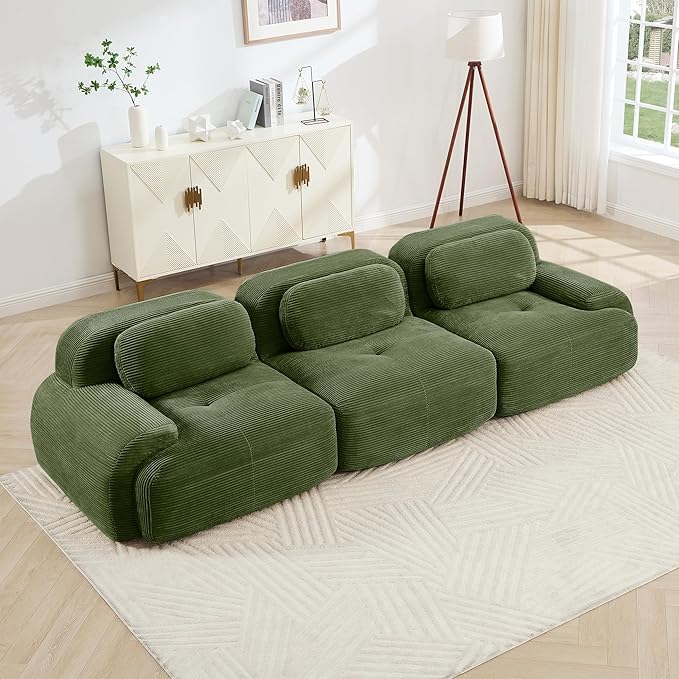 Cloud Sectional Couch Boneless Couch 117.3'' Modular Sectional Sofa Oversized Modular Cloud Sofa Comfy Corduroy Sofas 3 Seater Deep Seat Couches for Living Room No Assembly Couches Green
