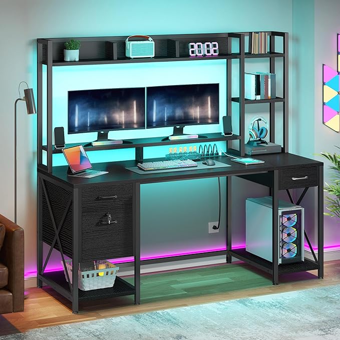 YITAHOME Computer Desk with Drawers &amp Hutch 59.1 Office Desk with LED Lights &amp Power Outlets Gaming Desk with Monitor Stand &amp Storage Shelves Black
