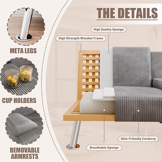 YESHOMY Futon Sofa Bed Futon Couch with Adjustable Backrest Convertible Sleeper Sofa with Removable Armrests Loveseat in Corduroy with 2 Cup Holders for Living Room Apartment (Grey)